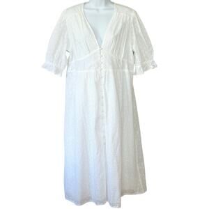Boden White Eyelet Lace Dress 12P Puff Sleeves Midi Buttons Boho Preppy Beach